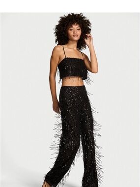 Victoria's Secret Black Sequin Fringe Wide-Leg Pants Set